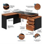 Móveis para Escritório Mesa de Escritório em L com Gaveteiro e Vidro - Móvel Organizador Premium - Nogal Sevilha / Preto - 21407