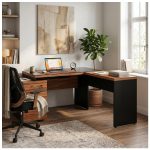 Móveis para Escritório Mesa de Escritório em L com Gaveteiro e Vidro - Móvel Organizador Premium - Nogal Sevilha / Preto - 21407