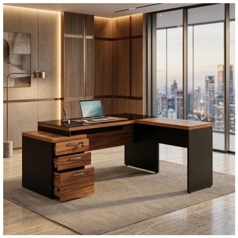 Móveis para Escritório Mesa de Escritório em L com Gaveteiro e Vidro - Móvel Organizador Premium - Nogal Sevilha / Preto - 21407