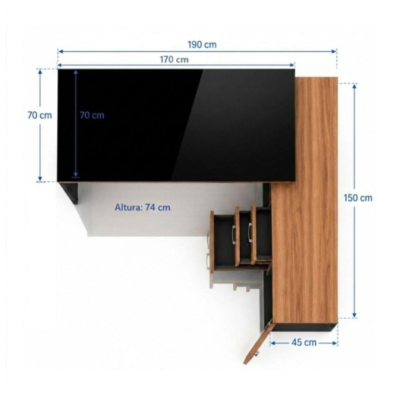 Móveis para Escritório Mesa Diretorzinha c/ vidro c/ Aparador - 1,90x1,50m - NOGAL SEVILHA / PRETO - 21428