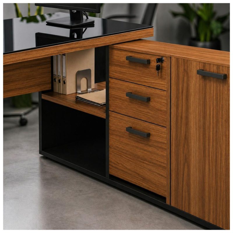 Móveis para Escritório Mesa Diretorzinha c/ vidro c/ Aparador - 1,90x1,50m - NOGAL SEVILHA / PRETO - 21428