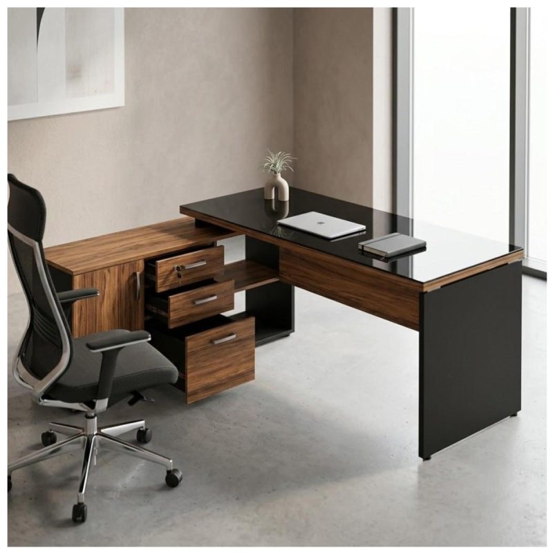 Móveis para Escritório Mesa Diretorzinha c/ vidro c/ Aparador - 1,90x1,50m - NOGAL SEVILHA / PRETO - 21428