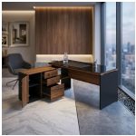 Móveis para Escritório Mesa Diretorzinha c/ vidro c/ Aparador - 1,90x1,50m - NOGAL SEVILHA / PRETO - 21428