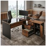 Móveis para Escritório Mesa Diretorzinha c/ vidro c/ Aparador - 1,90x1,50m - NOGAL SEVILHA / PRETO - 21428