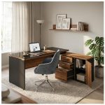 Móveis para Escritório Mesa Diretorzinha c/ vidro c/ Aparador - 1,90x1,50m - NOGAL SEVILHA / PRETO - 21428