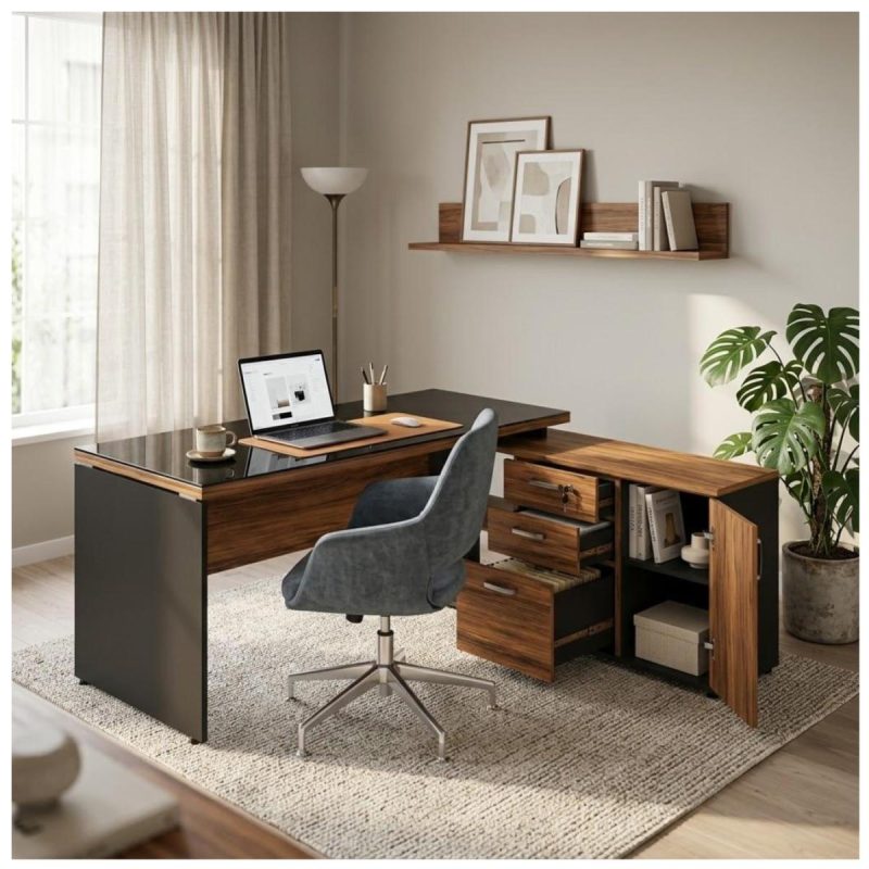 Móveis para Escritório Mesa Diretorzinha c/ vidro c/ Aparador - 1,90x1,50m - NOGAL SEVILHA / PRETO - 21428