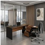 Móveis para Escritório Mesa Diretorzinha c/ vidro c/ Aparador - 1,90x1,50m - NOGAL SEVILHA / PRETO - 21428