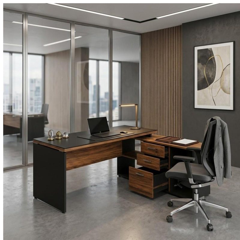 Móveis para Escritório Mesa Diretorzinha c/ vidro c/ Aparador - 1,90x1,50m - NOGAL SEVILHA / PRETO - 21428