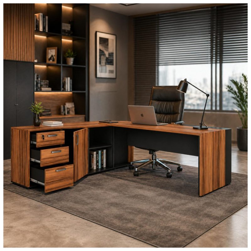 Móveis para Escritório Mesa Escritório PRESIDENTE c/ Armário Pedestal - 1,82x1,80m - WORK START - NOGAL SEVILHA/PRETO - 20602