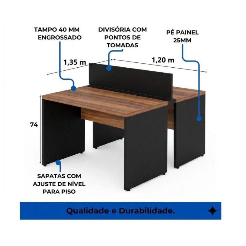 Móveis para Escritório Estação de Trabalho Dupla 1,20x1,35m 02 Lugares s/ Gavetas c/ ponto de tomada - Workstart - Nogal Sevilha - 63085