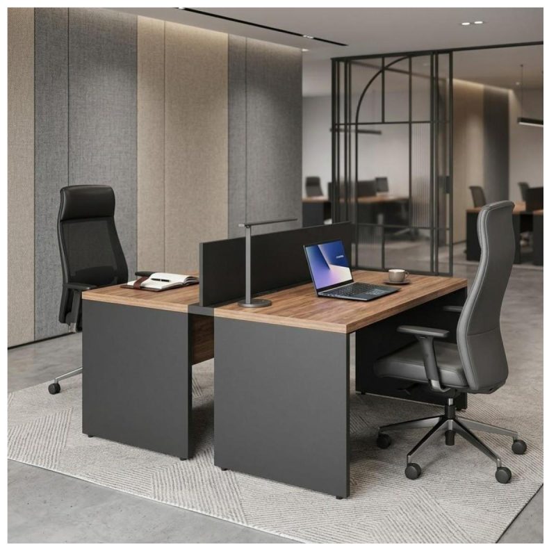 Móveis para Escritório Estação de Trabalho Dupla 1,20x1,35m 02 Lugares s/ Gavetas c/ ponto de tomada - Workstart - Nogal Sevilha - 63085
