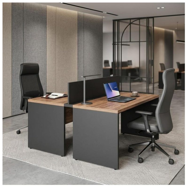 Móveis para Escritório Mesa Estação de Trabalho Dupla 1,50x1,35m 02 Lugares s/ Gavetas c/ ponto de tomada - Workstart - Nogal Sevilha - 63087