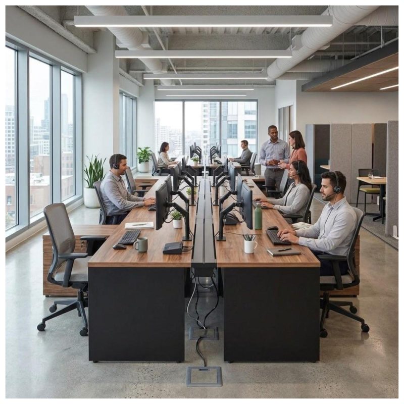 Móveis para Escritório Estação de Trabalho 1,50x1,35m 02 Lugares c/ Gavetas c/ ponto de tomada - Workstart - Nogal Sevilha - 63088