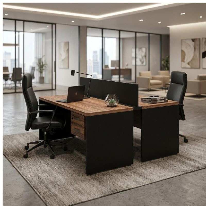 Móveis para Escritório Estação de Trabalho 1,50x1,35m 02 Lugares c/ Gavetas c/ ponto de tomada - Workstart - Nogal Sevilha - 63088