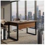 Móveis para Escritório Mesa de Escritório Industrial 150x60cm Nogal Sevilha Tampo 40mm – Escrivaninha Home Office Premium Pollo - Sevilha / Preto - 24472