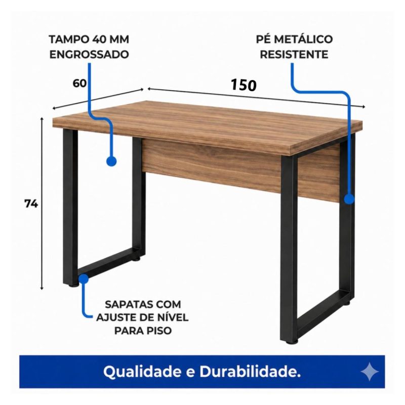 Móveis para Escritório Mesa de Escritório Industrial 150x60cm Nogal Sevilha Tampo 40mm – Escrivaninha Home Office Premium Pollo - Sevilha / Preto - 24472