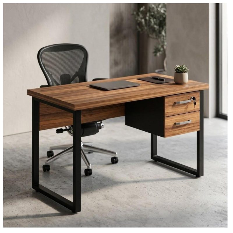 Móveis para Escritório Mesa Escritório PÉ QUADRO 1,50x0,60m - C/ Gavetas - NOGAL SEVILHA/PRETO - 24473