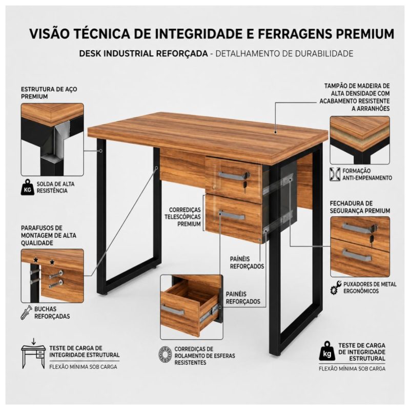 Móveis para Escritório Mesa Escritório PÉ QUADRO 1,50x0,60m - C/ Gavetas - NOGAL SEVILHA/PRETO - 24473