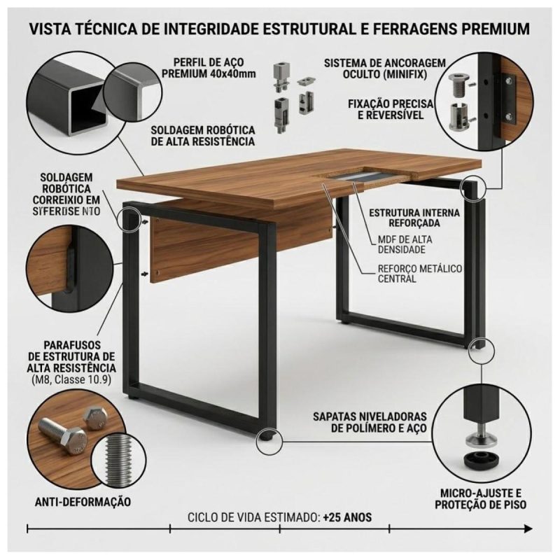 Móveis para Escritório Escrivaninha Home Office Industrial Amadeirada 170x70cm Tampo 40mm Premium – Sevilha / Preto – 24475