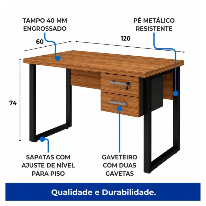Móveis para Escritório Mesa Escritório PÉ QUADRO - 1,20x0,60m - C/ Gavetas - NOGAL SEVILHA/PRETO - 24471