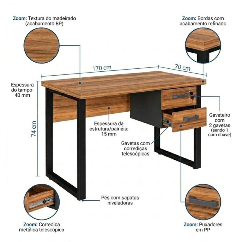 Móveis para Escritório Escrivaninha Home Office Industrial Amadeirada 170x70cm Tampo 40mm Premium – Sevilha / Preto – 24475