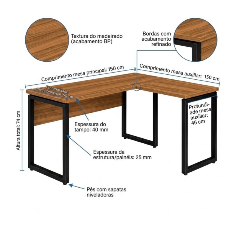 Móveis para Escritório Mesa de Escritório em L Diretor Premium 150x150cm Tampo 40mm – Sevilha / Preto - 24476