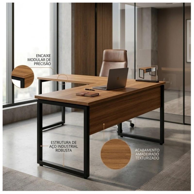 Móveis para Escritório Mesa em L com PÉ QUADRO (Mesa 1,70m + Mesa Auxiliar) - C/ Gavetas - WORKSTART - NOGAL SEVILHA/PRETO - 24479