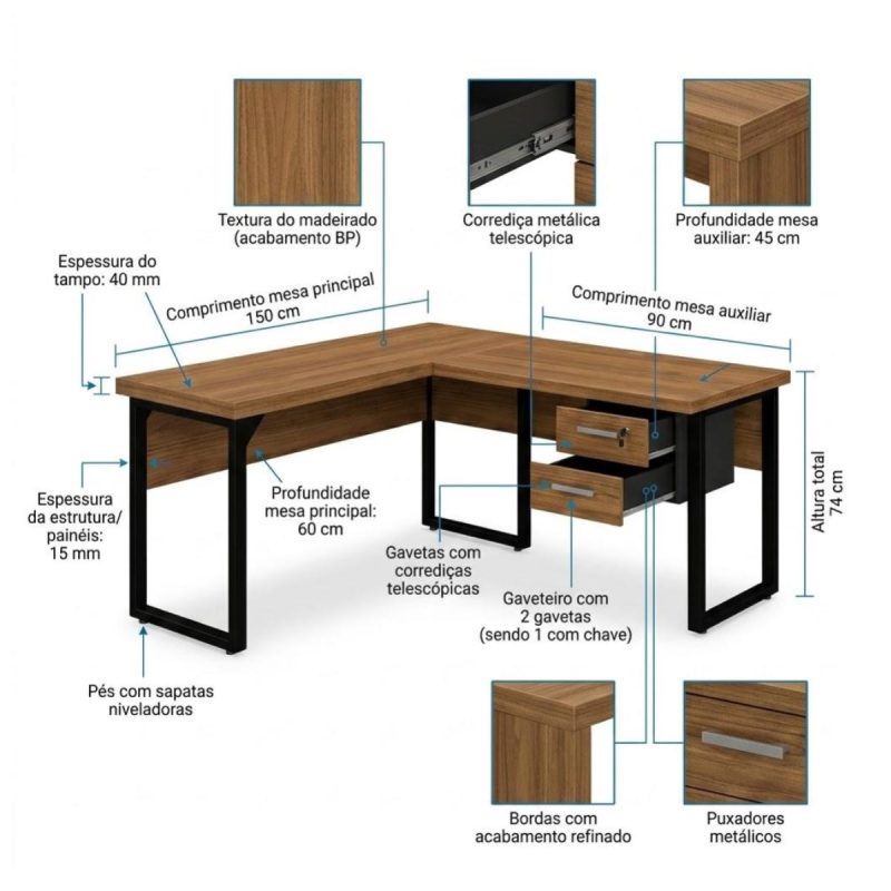 Móveis para Escritório Mesa em L com PÉ QUADRO (Mesa 1,50m + Mesa Auxiliar) - C/ Gavetas - WORKSTART - NOGAL SEVILHA/PRETO - 24477