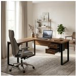 Móveis para Escritório Mesa em L com PÉ QUADRO (Mesa 1,70m + Mesa Auxiliar) - C/ Gavetas - WORKSTART - NOGAL SEVILHA/PRETO - 24479
