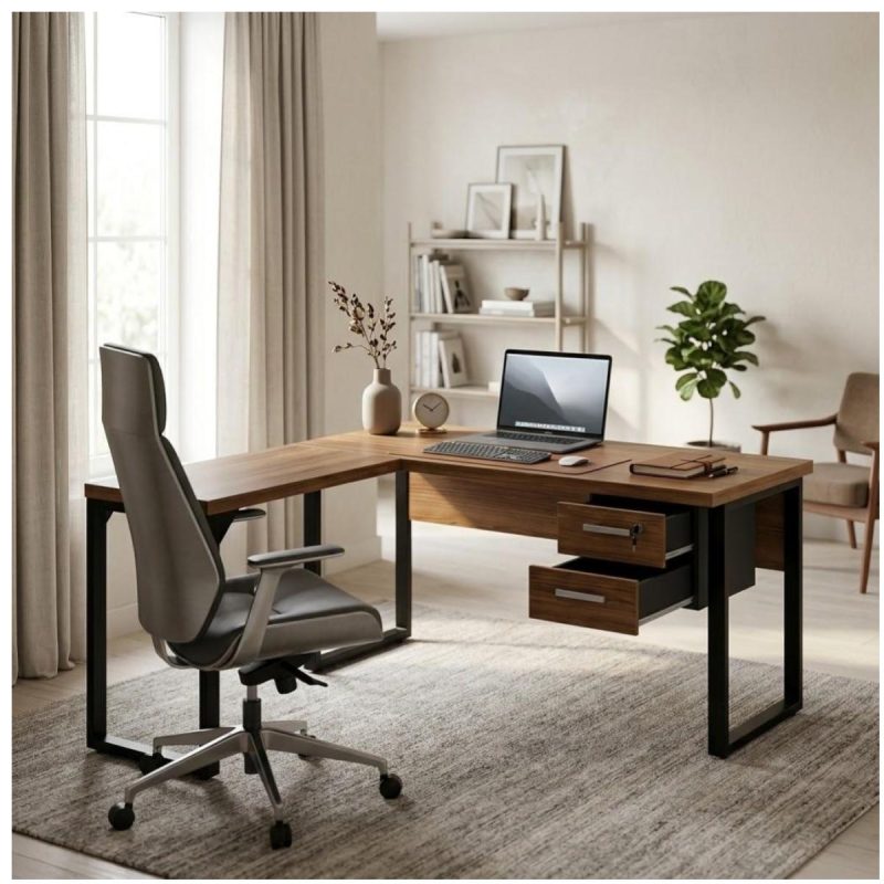 Móveis para Escritório Mesa em L com PÉ QUADRO (Mesa 1,50m + Mesa Auxiliar) - C/ Gavetas - WORKSTART - NOGAL SEVILHA/PRETO - 24477