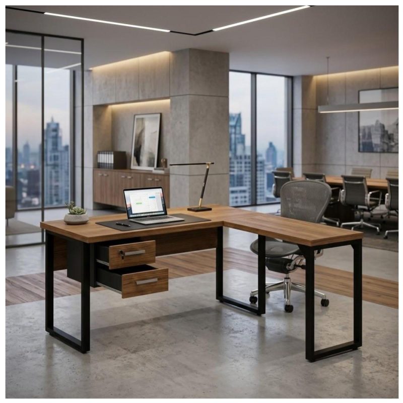 Móveis para Escritório Mesa em L com PÉ QUADRO (Mesa 1,70m + Mesa Auxiliar) - C/ Gavetas - WORKSTART - NOGAL SEVILHA/PRETO - 24479