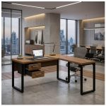 Móveis para Escritório Mesa em L com PÉ QUADRO (Mesa 1,50m + Mesa Auxiliar) - C/ Gavetas - WORKSTART - NOGAL SEVILHA/PRETO - 24477