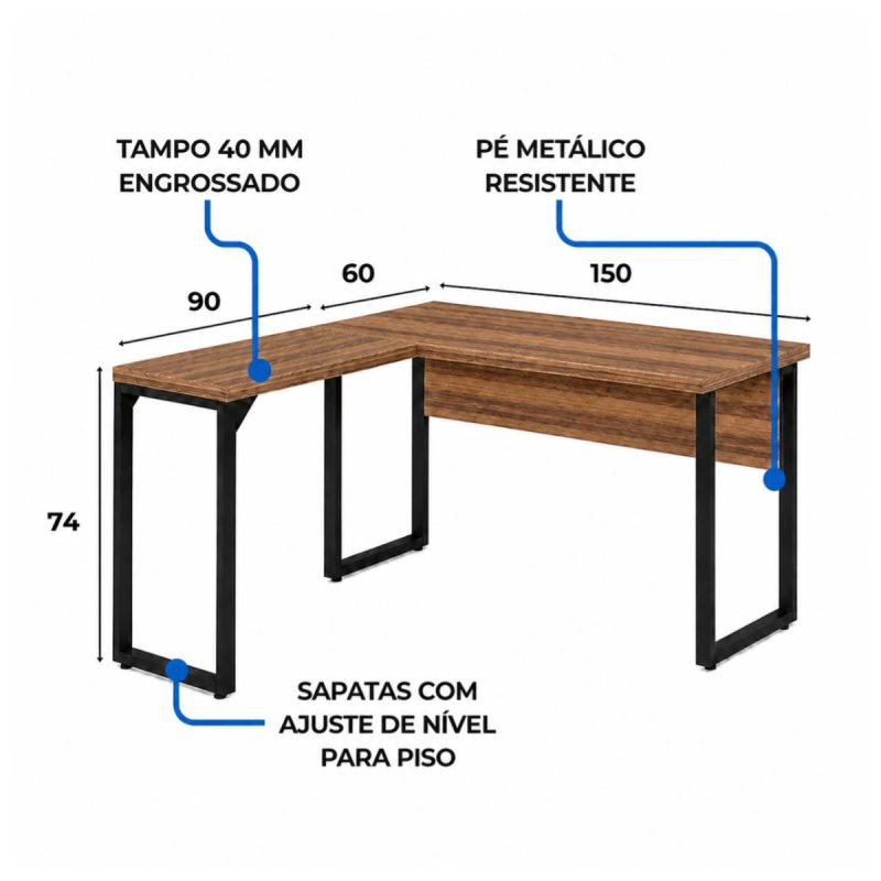 Móveis para Escritório Mesa em L com PÉ QUADRO (Mesa 1,50m + Mesa Auxiliar) - C/ Gavetas - WORKSTART - NOGAL SEVILHA/PRETO - 24477