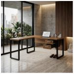 Móveis para Escritório Mesa em L com PÉ QUADRO (Mesa 1,70m + Mesa Auxiliar) - C/ Gavetas - WORKSTART - NOGAL SEVILHA/PRETO - 24479
