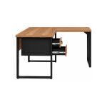 Móveis para Escritório Mesa em L com PÉ QUADRO (Mesa 1,50m + Mesa Auxiliar) - C/ Gavetas - WORKSTART - NOGAL SEVILHA/PRETO - 24477