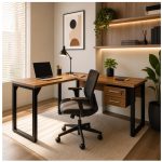Móveis para Escritório Mesa em L com PÉ QUADRO (Mesa 1,70m + Mesa Auxiliar) - C/ Gavetas - WORKSTART - NOGAL SEVILHA/PRETO - 24479