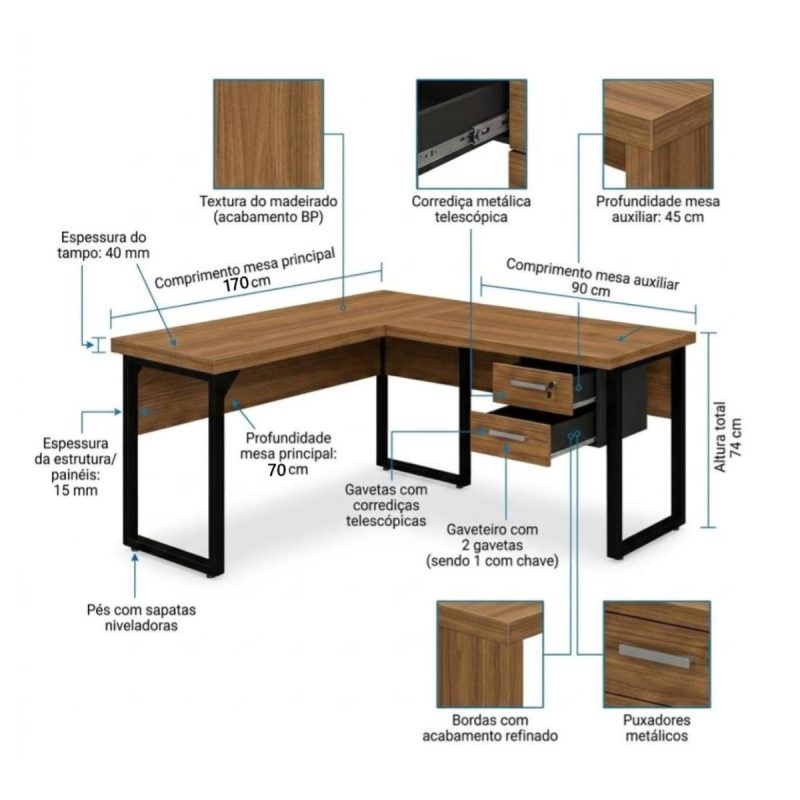 Móveis para Escritório Mesa em L com PÉ QUADRO (Mesa 1,70m + Mesa Auxiliar) - C/ Gavetas - WORKSTART - NOGAL SEVILHA/PRETO - 24479