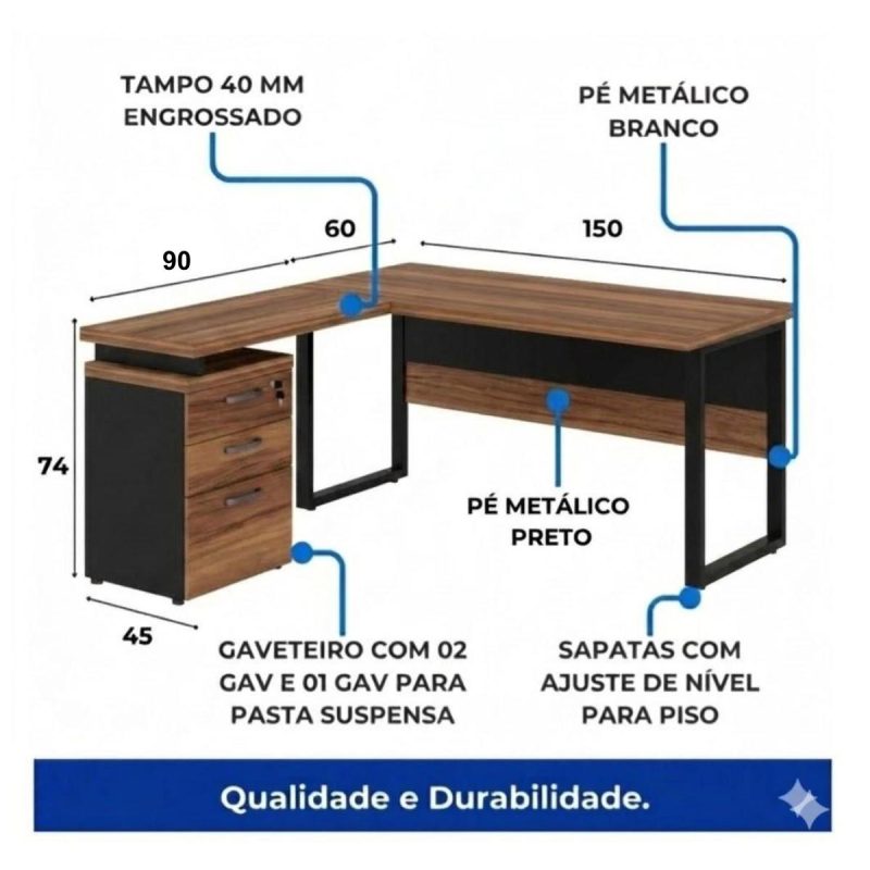 Móveis para Escritório Mesa de Escritório em L Diretor com Gaveteiro Tampo 40mm 150x150cm