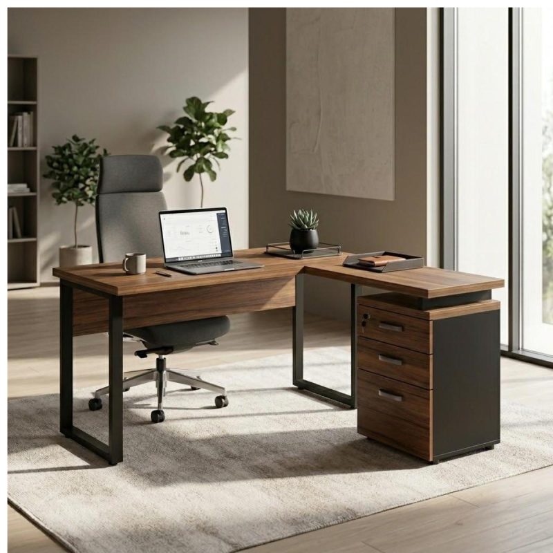 Móveis para Escritório Mesa de Escritório em L Diretor com Gaveteiro Tampo 40mm 170x160cm