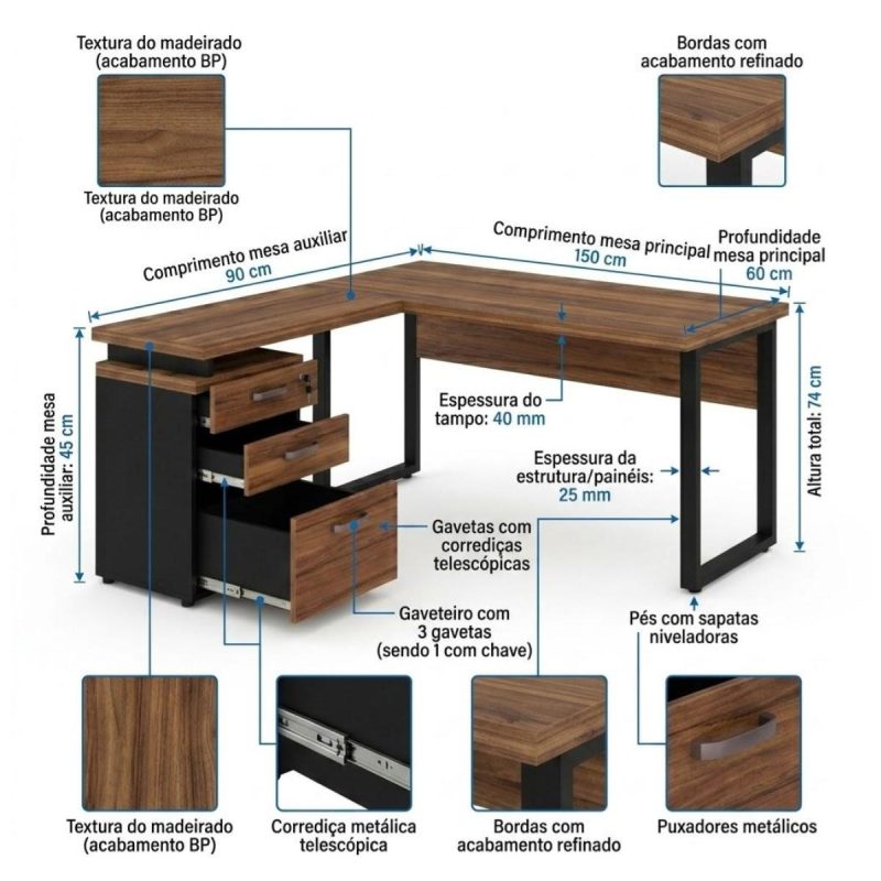 Móveis para Escritório Mesa de Escritório em L Diretor com Gaveteiro Tampo 40mm 150x150cm