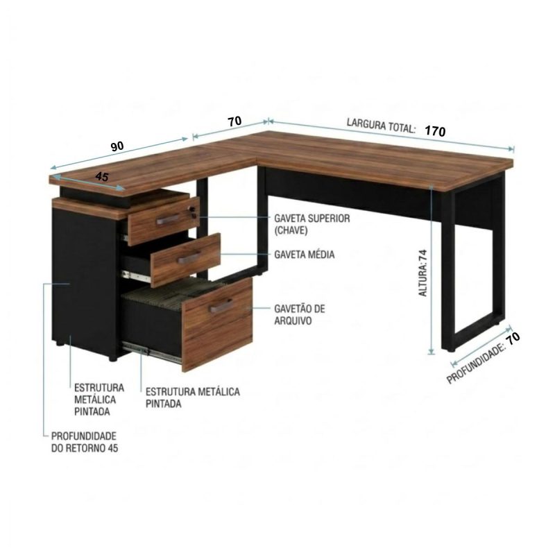 Móveis para Escritório Mesa de Escritório em L Diretor com Gaveteiro Tampo 40mm 170x160cm