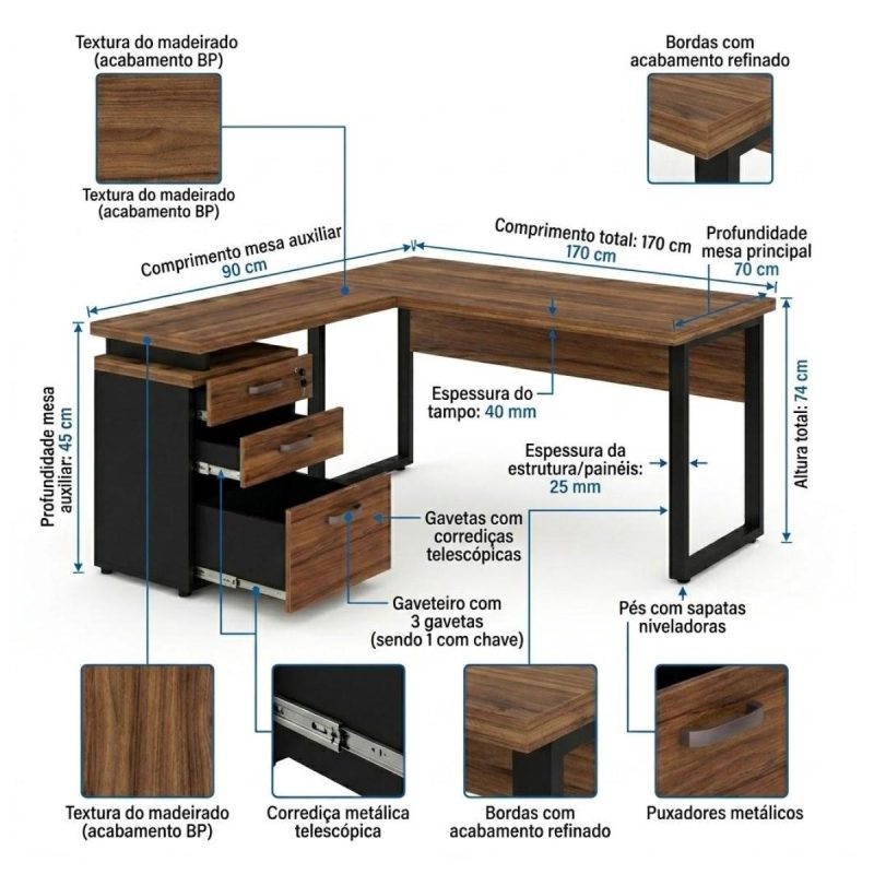 Móveis para Escritório Mesa de Escritório em L Diretor com Gaveteiro Tampo 40mm 170x160cm