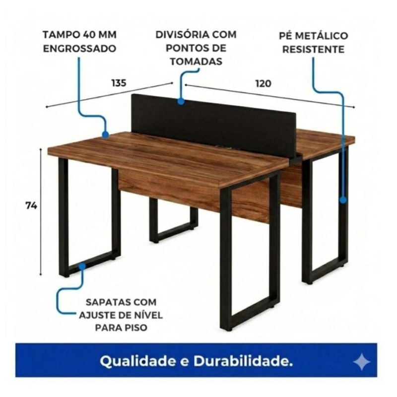 Móveis para Escritório Mesa de Escritório Dupla Industrial 120cm Tampo 40mm - Sevilha / Preto