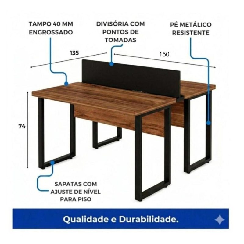 Móveis para Escritório Mesa de Escritório Dupla Industrial 150cm Tampo 40mm - Sevilha / Preto