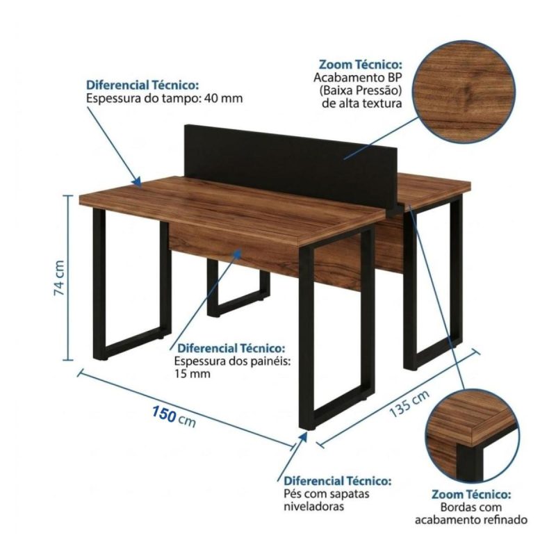 Móveis para Escritório Mesa de Escritório Dupla Industrial 150cm Tampo 40mm - Sevilha / Preto