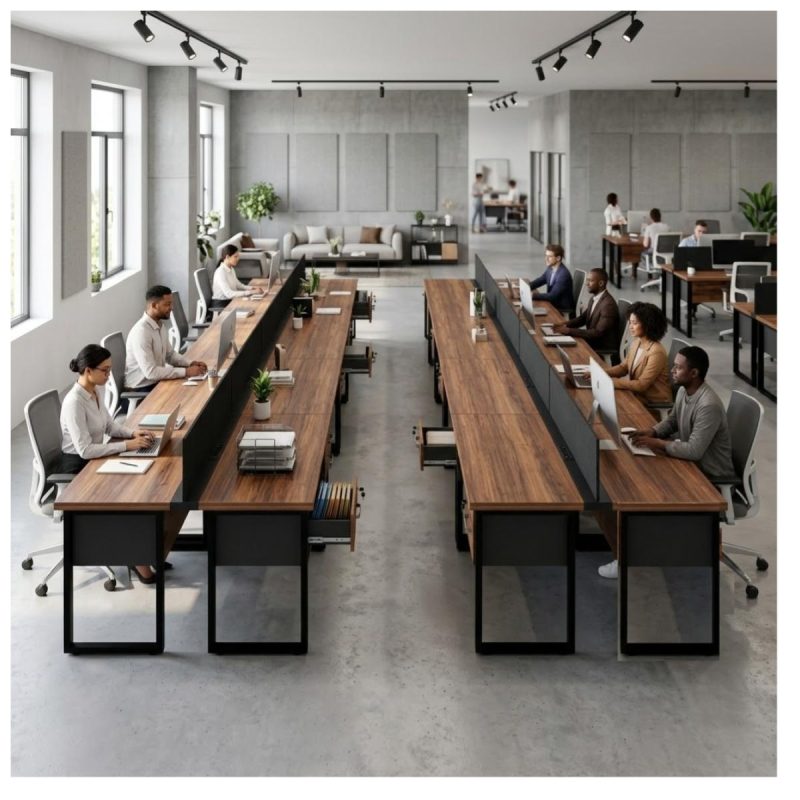 Móveis para Escritório Estação de Trabalho 1,50x1,35m 02 Lugares c/ Gavetas c/ ponto de tomada PÉ QUADRO - Cor Nogal Sevilha - 63099