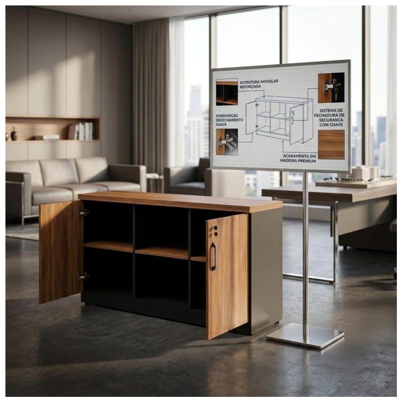 Móveis para Escritório Armário Credenza Escritório 120cm Madeira com Nicho - Sevilha / Preto - 21412