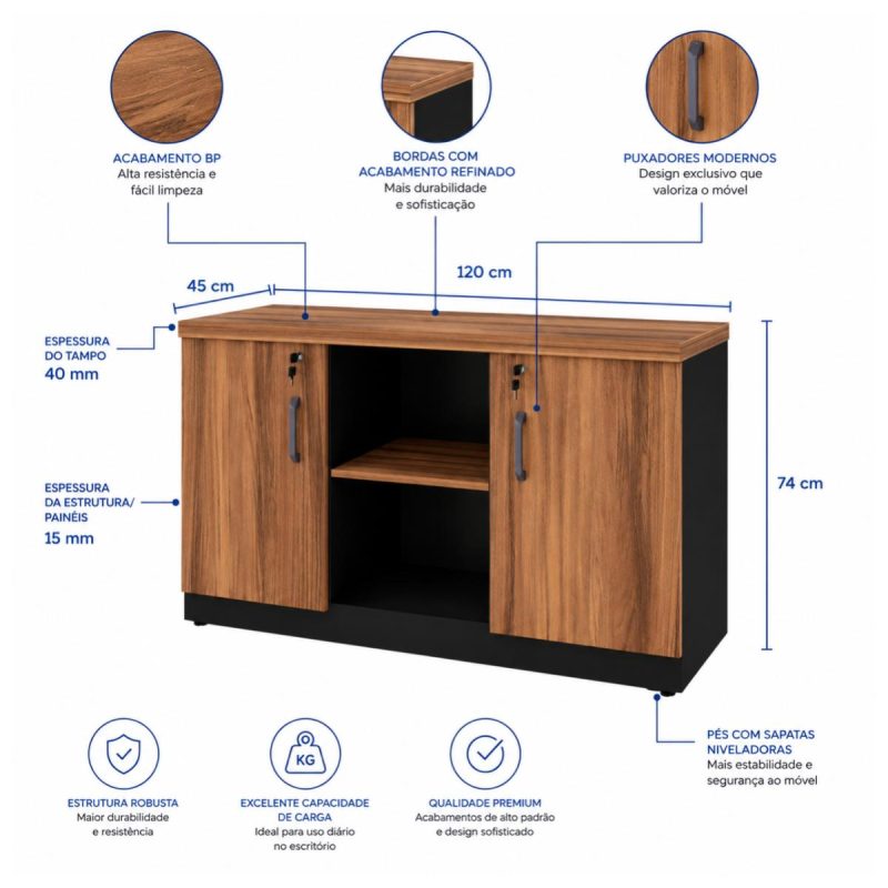 Móveis para Escritório Armário Credenza Escritório 120cm Madeira com Nicho - Sevilha / Preto - 21412