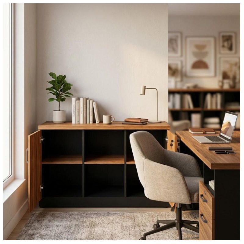Móveis para Escritório Armário Credenza Escritório 120cm Madeira com Nicho - Sevilha / Preto - 21412