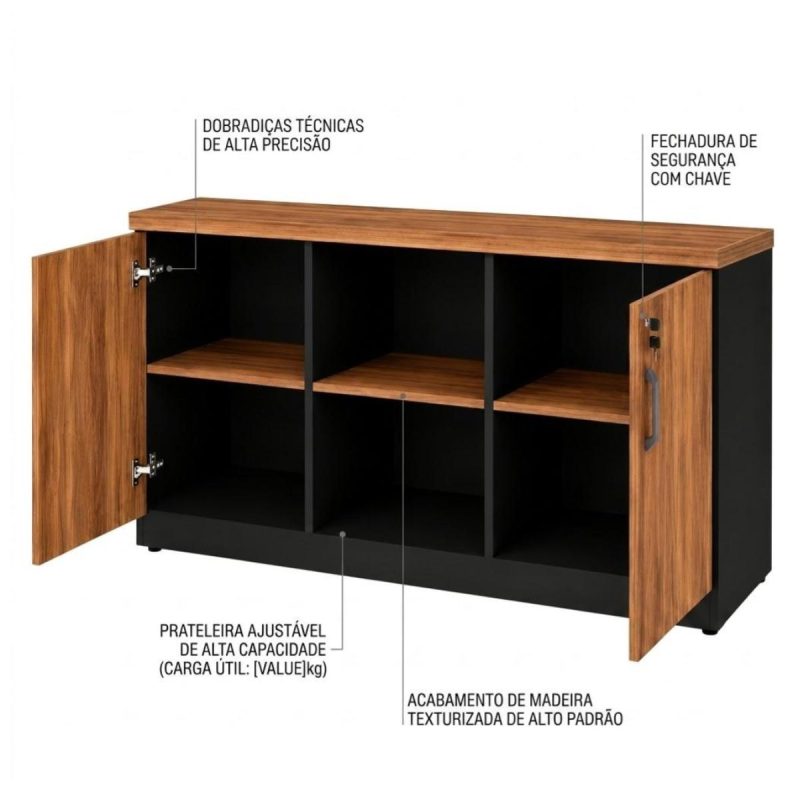 Móveis para Escritório Armário Credenza Escritório 120cm Madeira com Nicho - Sevilha / Preto - 21412